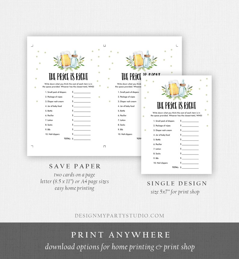 May include: Two printable game cards for a baby shower game called "The Price is Right". The cards are white with green and brown accents. The cards feature a watercolor illustration of a beer bottle and a jar of baby lotion. The cards have a list of baby items and a space to write down the price of each item.