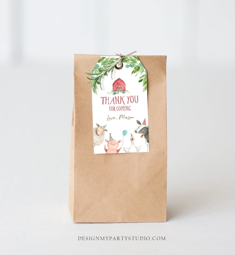 May include: A brown paper bag with a thank you tag attached. The tag features a red barn, farm animals, and the text "Thank You for Coming. Love, Mason".
