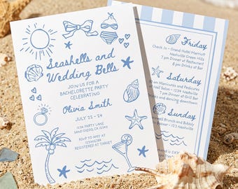 Editable Seashells and Wedding Bells Bachelorette Party Invitation Itinerary Bridal Digital Canva Template Instant Download Printable 0574