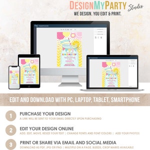 Pode incluir: Um design digital para um convite para uma festa de limonada. O convite apresenta um padr&atilde;o de chevron amarelo e branco, um frasco de vidro cheio de limonada, lim&otilde;es e uma flor rosa e amarela. O texto do convite diz "Junte-se a n&oacute;s para uma festa de limonada para celebrar o 1&ordm; anivers&aacute;rio de Ashley".