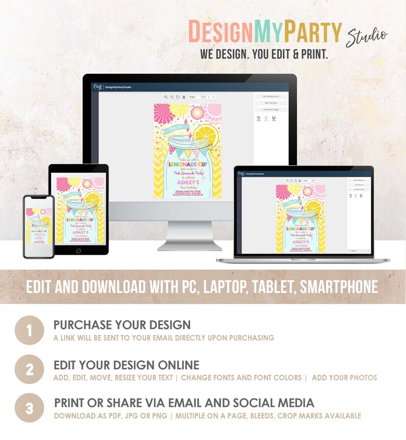 Pode incluir: Um design digital para um convite para uma festa de limonada. O convite apresenta um padr&atilde;o de chevron amarelo e branco, um frasco de vidro cheio de limonada, lim&otilde;es e uma flor rosa e amarela. O texto do convite diz "Junte-se a n&oacute;s para uma festa de limonada para celebrar o 1&ordm; anivers&aacute;rio de Ashley".