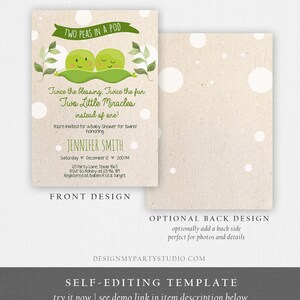 May include: A printable baby shower invitation with a green pea pod design. The text reads "Two Peas in a Pod" and "Twice the blessing, Twice the fun Two Little Miracles instead of one!" The invitation is for a baby shower for twins honoring Jennifer Smith. The date and time of the shower are Saturday, December 12 at 2:00 PM. The address is 123 Party Lane, Texas 4567. The RSVP number is 123.456.789. The registry is at Babies R Us & Target.