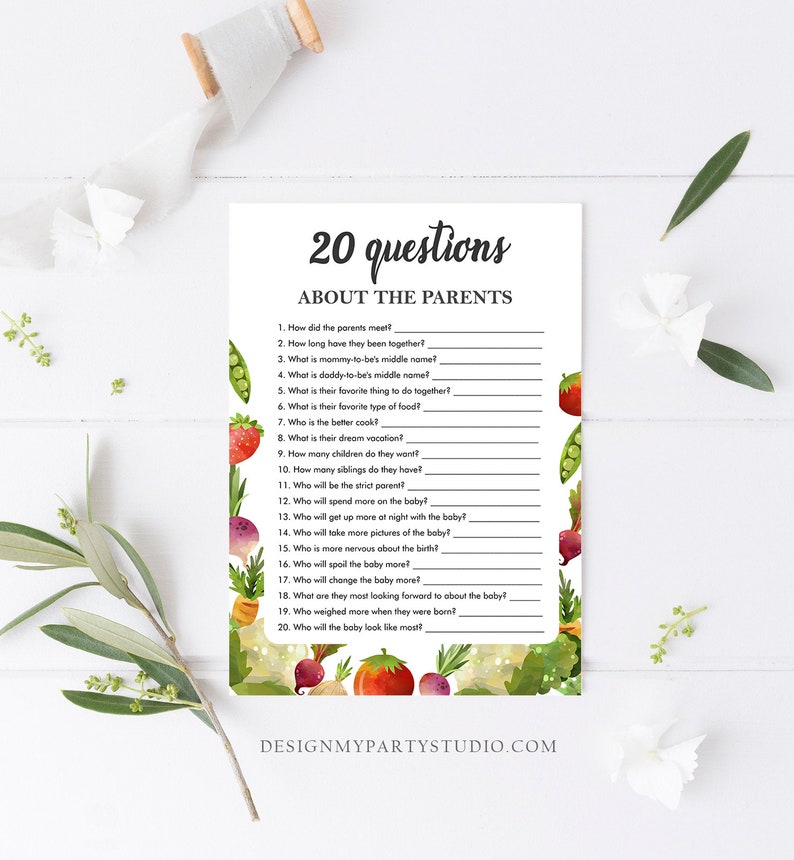 Editable Questions About the Parents Baby Shower Game Locally Grown Farmers Market Fruit Vegetables Farm Barn Corjl Template Printable 0144 image 2