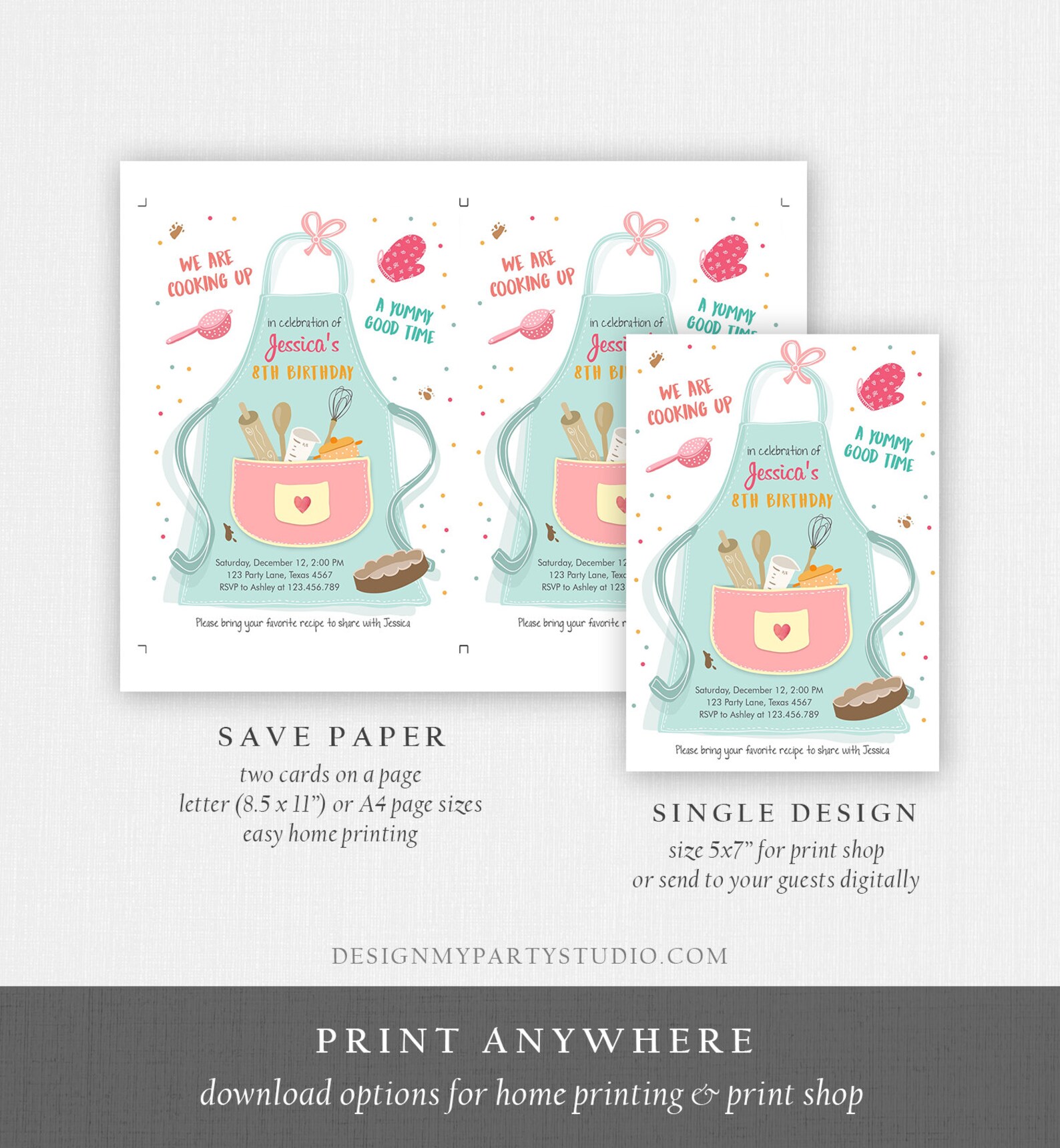 Editable Kids Kitchen Cooking Birthday Invitation Pink Girl Chef Baking ...