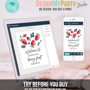 May include: A digital mockup of a printable sign for a first birthday party. The sign features a watercolor illustration of strawberries and blueberries with the text "Welcome to Madeline's Berry First Birthday".