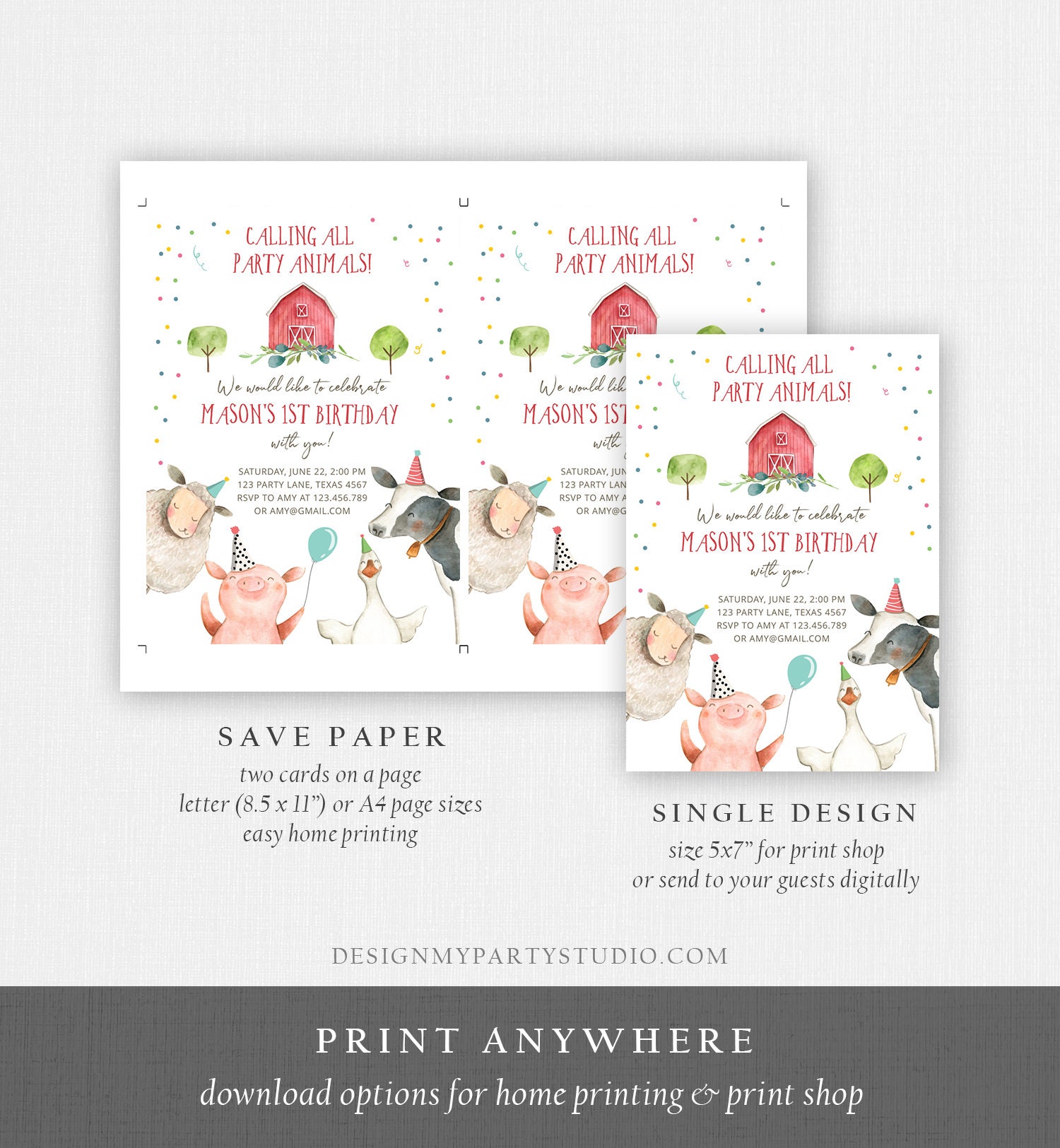 Editable Farm Animals Birthday Invitation Boy Farm Barnyard First ...