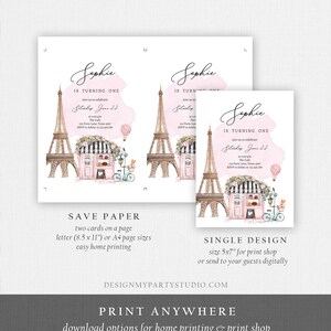 Pode incluir: Convite imprim&iacute;vel para uma festa de primeiro anivers&aacute;rio com tema parisiense. O convite apresenta um fundo de aquarela rosa com a Torre Eiffel, uma padaria e uma bicicleta. O texto do convite diz "Sophie faz um ano" e inclui a data e a hora da festa. O convite est&aacute; dispon&iacute;vel em dois tamanhos: 8,5 x 11 polegadas para impress&atilde;o em casa ou 5 x 7 polegadas para gr&aacute;ficas.