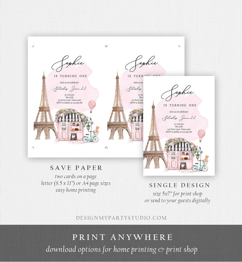 Pode incluir: Convite imprim&iacute;vel para uma festa de primeiro anivers&aacute;rio com tema parisiense. O convite apresenta um fundo de aquarela rosa com a Torre Eiffel, uma padaria e uma bicicleta. O texto do convite diz "Sophie faz um ano" e inclui a data e a hora da festa. O convite est&aacute; dispon&iacute;vel em dois tamanhos: 8,5 x 11 polegadas para impress&atilde;o em casa ou 5 x 7 polegadas para gr&aacute;ficas.
