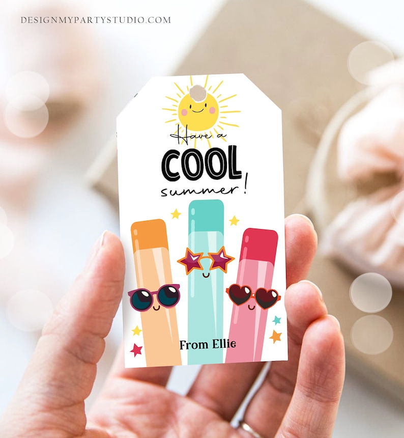 May include: A colorful tag with a sun and three popsicle characters wearing sunglasses. The tag says "Have a COOL summer!" and "From Ellie".