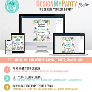 May include: A digital design template for a welcome sign with a jungle animal theme. The sign says "Welcome Party Animals! It's Mason's First Birthday!" The design is shown on a computer screen with a design editing software. The text "Edit and Download with PC, Laptop, Tablet, Smartphone" is below the image. The text "Purchase Your Design", "Edit Your Design Online", and "Download and Print Your Design" is below the text.
