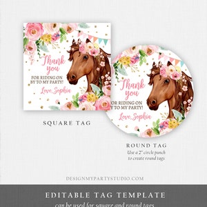 Puede incluir: Etiquetas de agradecimiento imprimibles con un caballo marr&oacute;n con una corona de flores rosas y un borde floral. El texto dice "&iexcl;Gracias por venir a mi fiesta! Con cari&ntilde;o, Sophia". Las etiquetas est&aacute;n disponibles en formatos cuadrado y redondo.