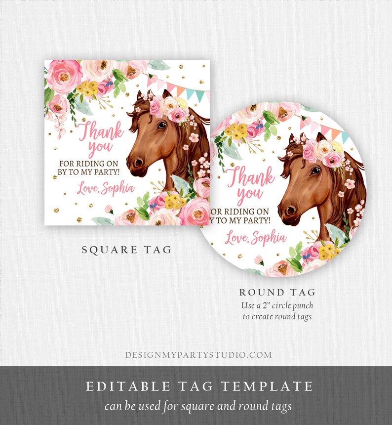 Puede incluir: Etiquetas de agradecimiento imprimibles con un caballo marr&oacute;n con una corona de flores rosas y un borde floral. El texto dice "&iexcl;Gracias por venir a mi fiesta! Con cari&ntilde;o, Sophia". Las etiquetas est&aacute;n disponibles en formatos cuadrado y redondo.