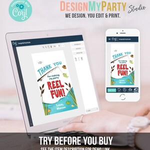 Puede incluir: Un dise&ntilde;o digital para una tarjeta de agradecimiento con tem&aacute;tica de pesca. La tarjeta presenta una ca&ntilde;a de pescar de dibujos animados con un pez en la l&iacute;nea, y el texto "Gracias por hacer de mi fiesta una fiesta de verdad! Con cari&ntilde;o, Mason".