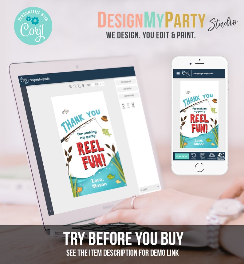 Puede incluir: Un dise&ntilde;o digital para una tarjeta de agradecimiento con tem&aacute;tica de pesca. La tarjeta presenta una ca&ntilde;a de pescar de dibujos animados con un pez en la l&iacute;nea, y el texto "Gracias por hacer de mi fiesta una fiesta de verdad! Con cari&ntilde;o, Mason".