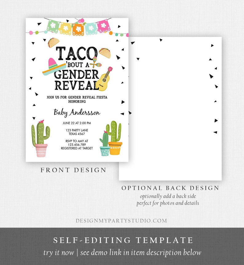 Editable Taco Bout a Gender Reveal Invitation Cactus Mexican Fiesta He or She Boy or Girl Party Download Printable Corjl Template 0161 image 5