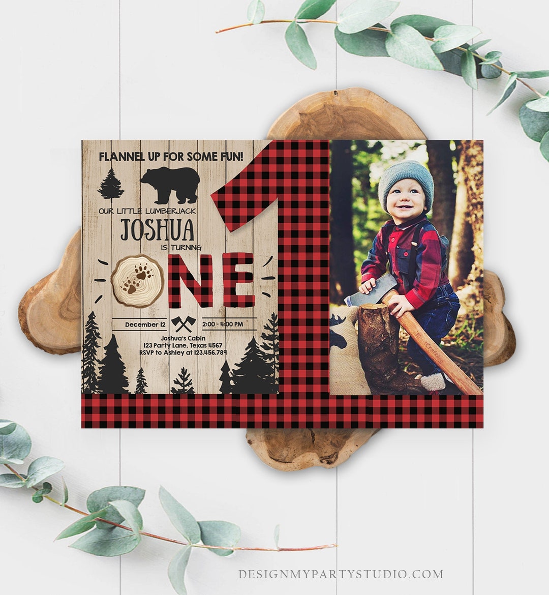 Editable Lumberjack Birthday Invitation Rustic Woodland First Birthday Bear Buffalo Plaid Forest ...