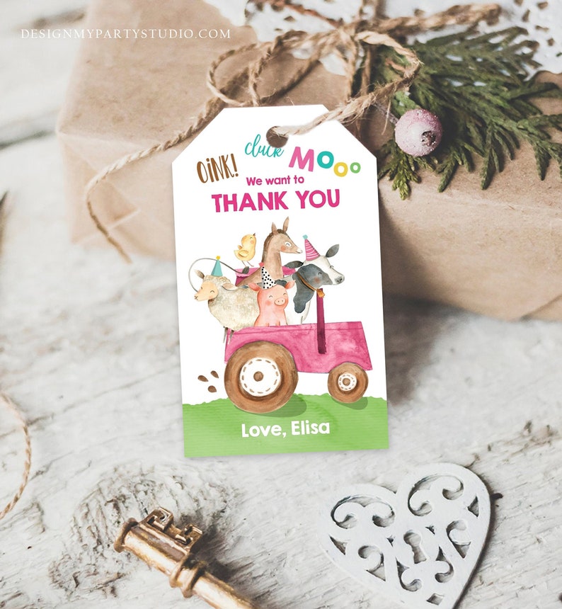 Editable Farm Favor Tags Tags Pink Farm Birthday Thank you tags Barnyard Gift Tags Pink Tractor Birthday Template PRINTABLE Corjl 0155 image 1