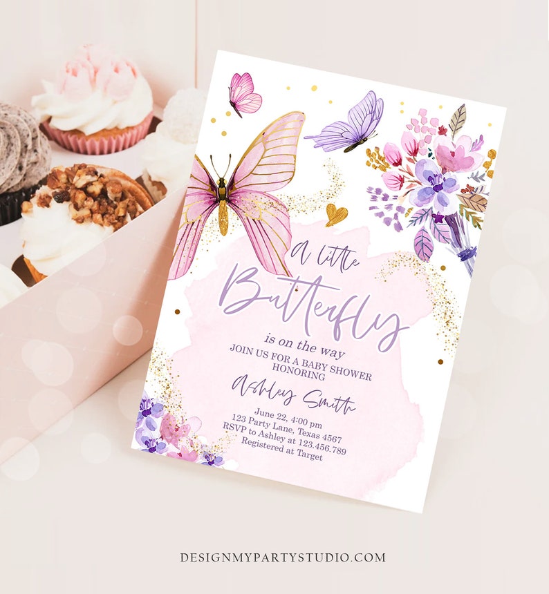 May include: A pink and purple baby shower invitation with a watercolor butterfly design. The text reads "a little butterfly is on the way" and includes the name "Ashley Smith".
