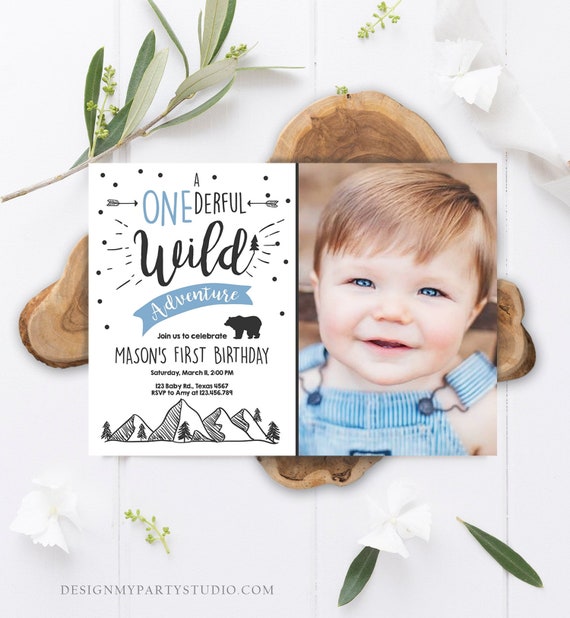 Editable A Onederful Wild Adventure First Birthday Invitation Wild Things Boy Mountains Bear Outdoor 1st Blue Photo Corjl Template 0083 Il_570xn