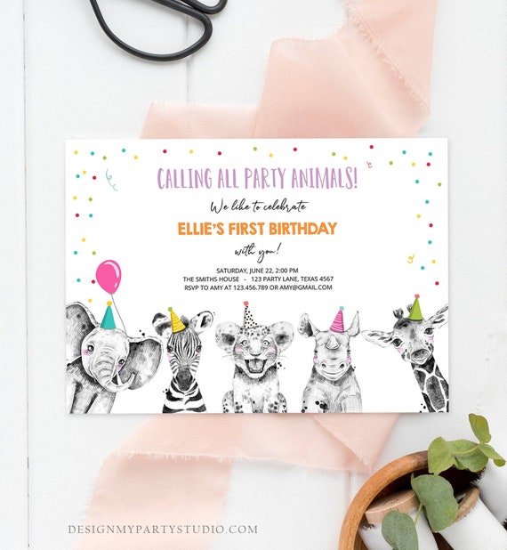 Editable Party Animals Birthday Invitation Wild One Animals Invitation Zoo Safari Animals Girl Download Printable Invite Template Corjl 0322 Il_570xn
