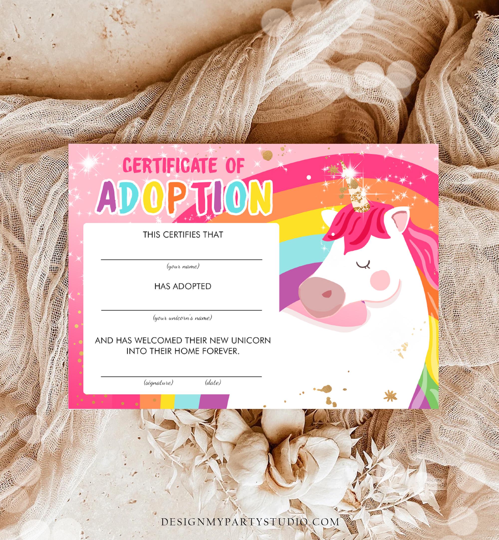 Adopt a Unicorn Certificate Unicorn Adoption Unicorn Birthday Party ...