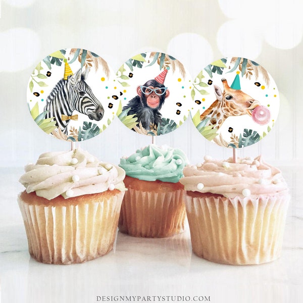 Party Animals Cupcake Toppers Favor Tags Birthday Party Decoration Safari Animals Zoo Birthday Wild One download Digital PRINTABLE 0417