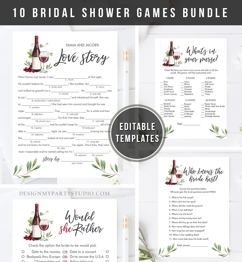 Editable Wine Bridal Shower Games Bundle Wedding Shower Activity Vineyard Tasting Grapes Brunch and Bubbly Digital Template Printable 0234