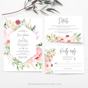 Editable Botanical Flowers Wedding Invitation Suite Set Watercolor Peony Pink Floral RSVP Details Boho Digital Corjl Template Printable 0167 image 1