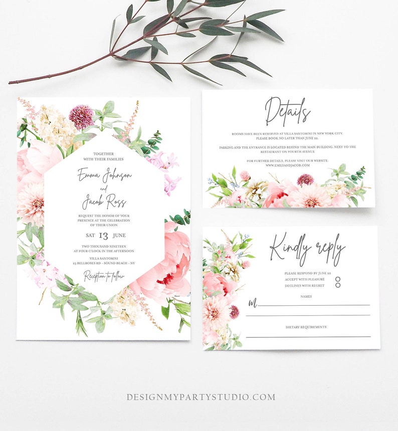 Editable Botanical Flowers Wedding Invitation Suite Set Watercolor Peony Pink Floral RSVP Details Boho Digital Corjl Template Printable 0167 image 1