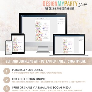 May include: A digital design template for a first birthday party invitation. The invitation features a watercolor illustration of wildflowers and butterflies with the text "Wild One" in pink and purple. The design can be edited and downloaded for printing.