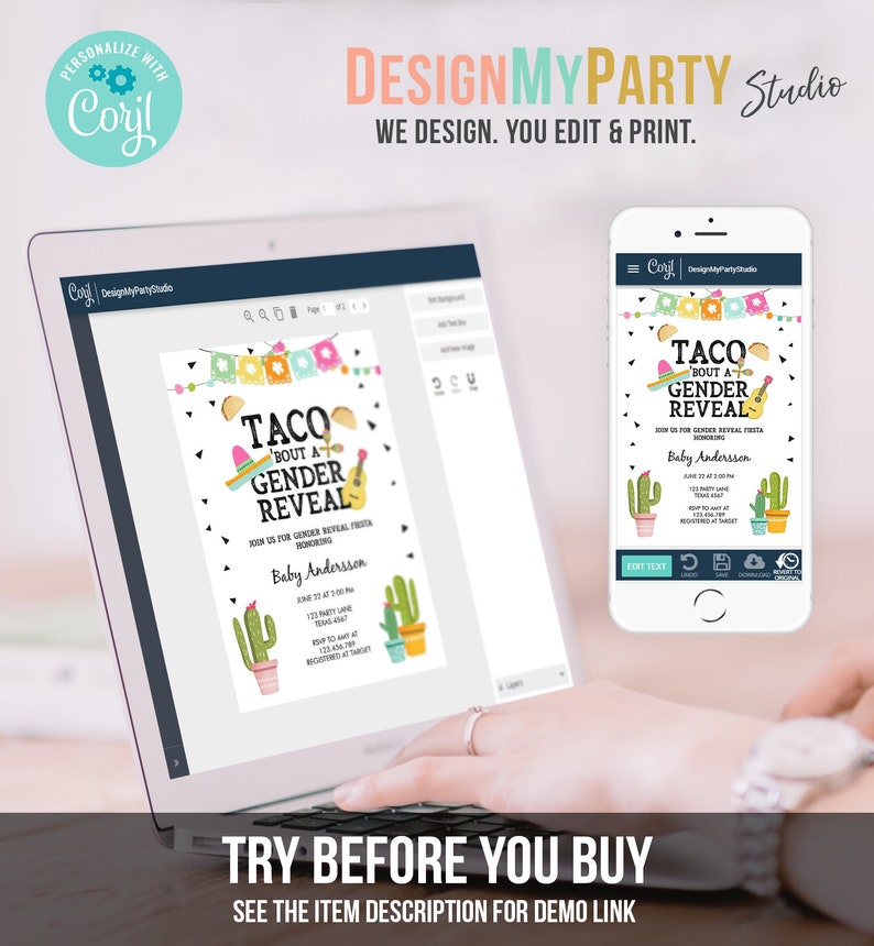 Editable Taco Bout a Gender Reveal Invitation Cactus Mexican Fiesta He or She Boy or Girl Party Download Printable Corjl Template 0161 image 6