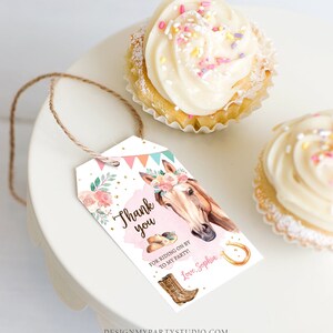 May include: A pink and white thank you tag with a horse illustration, flowers, and gold glitter. The text reads "Thank you for riding on by to my party! Love, Sophia".
