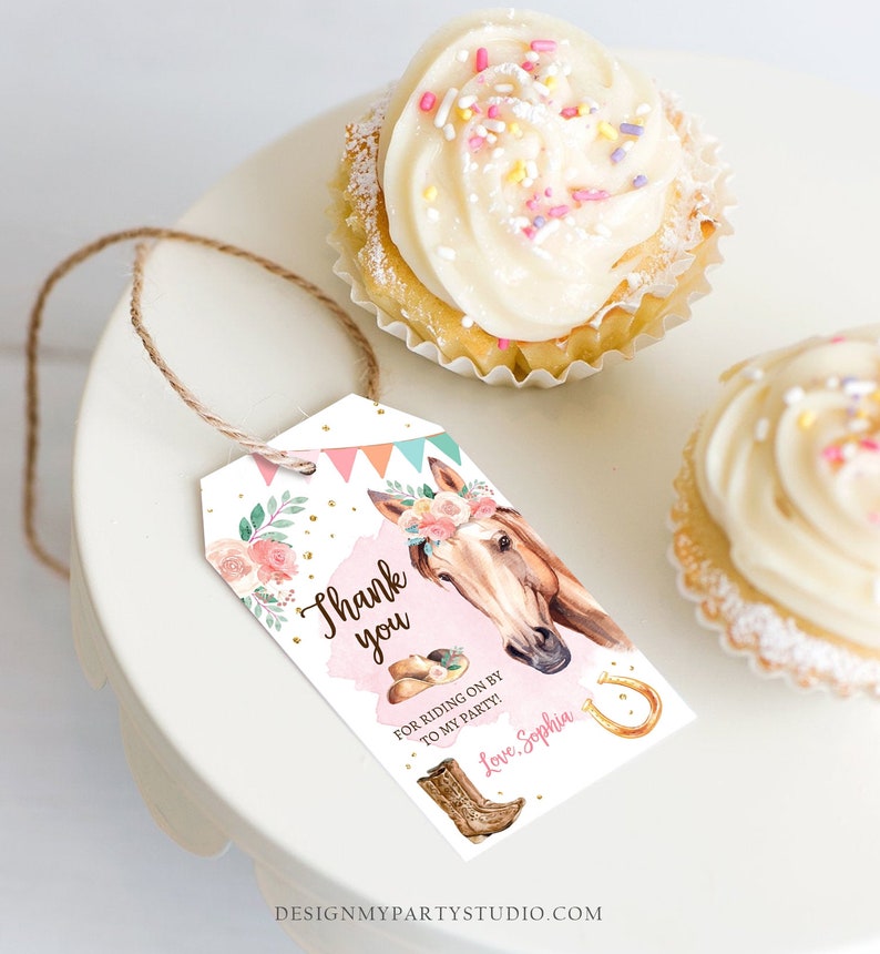 May include: A pink and white thank you tag with a horse illustration, flowers, and gold glitter. The text reads "Thank you for riding on by to my party! Love, Sophia".