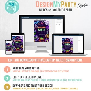 May include: A digital design for a Halloween party invitation displayed on a computer, tablet, and phone. The invitation features neon-style graphics of a witch, cauldron, and jack-o'-lantern. The text reads "HALLOWEEN PARTY" and "DesignMyParty Studio."