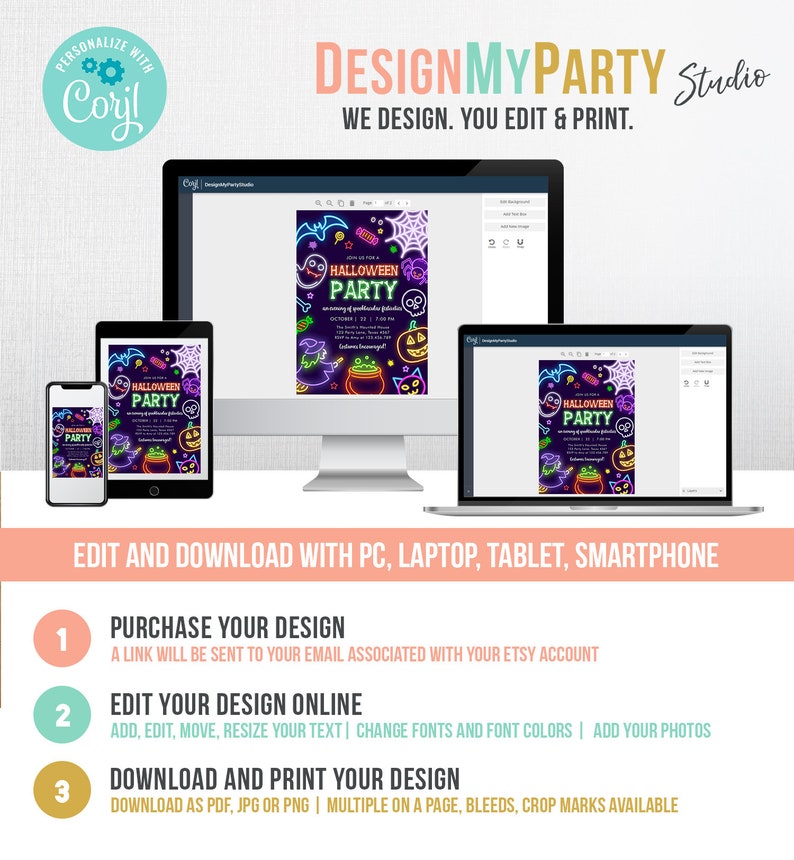 May include: A digital design for a Halloween party invitation displayed on a computer, tablet, and phone. The invitation features neon-style graphics of a witch, cauldron, and jack-o'-lantern. The text reads "HALLOWEEN PARTY" and "DesignMyParty Studio."