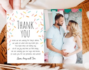 Bewerkbare babyhagel bedankkaart regenboog strooi baby shower genderneutraal student foto hagelslag digitale Corjl-sjabloon afdrukbare 0216