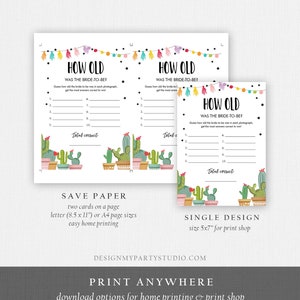 May include: Two printable game cards with a cactus theme. The cards are titled "How Old Was The Bride-To-Be?" and feature a colorful banner with a cactus design. The cards are designed for a bridal shower party game.