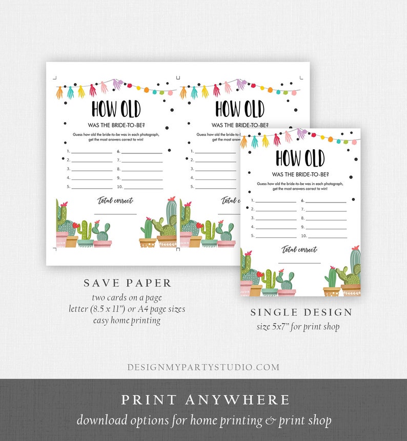 May include: Two printable game cards with a cactus theme. The cards are titled "How Old Was The Bride-To-Be?" and feature a colorful banner with a cactus design. The cards are designed for a bridal shower party game.