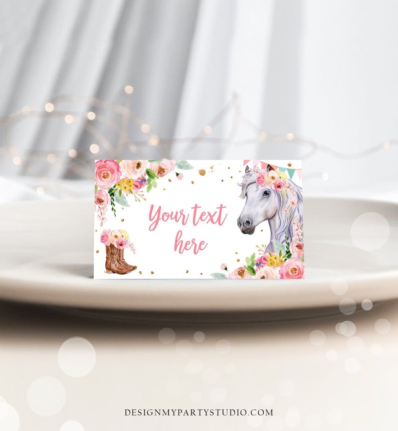 May include: Printable place card featuring a watercolor illustration of a horse wearing a floral crown, with pink and yellow flowers, and gold glitter. The text "Your text here" is printed on the card.