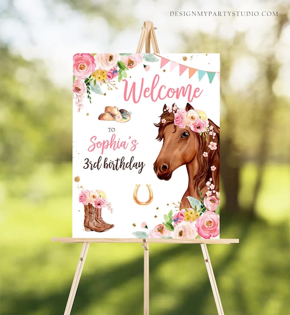 Editable Horse Birthday Welcome Sign Pony Birthday Welcome Sign Cowgirl Party Floral Girl Horse Party Download Template Corjl PRINTABLE 0408 Il_570xn