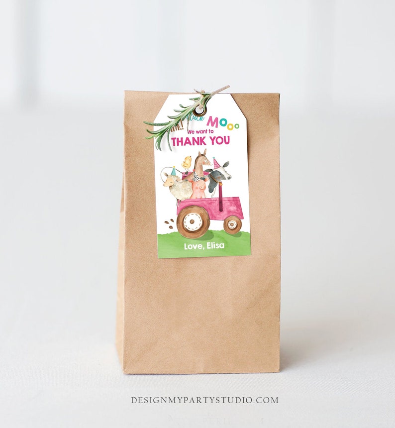 Editable Farm Favor Tags Tags Pink Farm Birthday Thank you tags Barnyard Gift Tags Pink Tractor Birthday Template PRINTABLE Corjl 0155 image 2