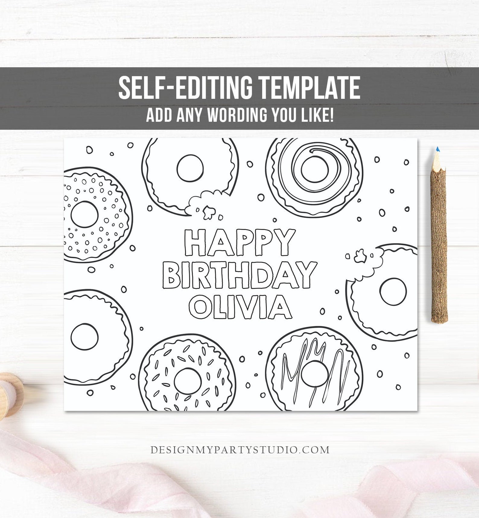 Editable Coloring Page Donut Birthday Party Activity Game - Etsy