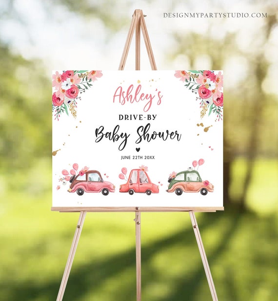 Editable Drive By Baby Shower Sign Pink Gold Floral Etsy