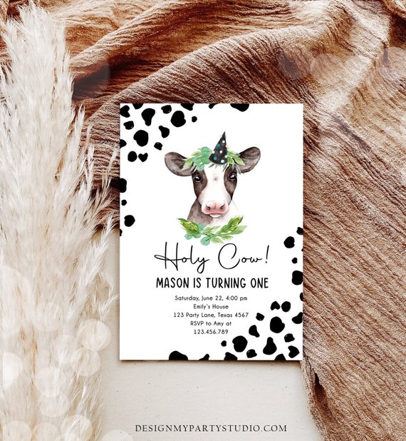 Editable Cow Birthday Invitation Boy Farm Animals Greenery Barnyard ...