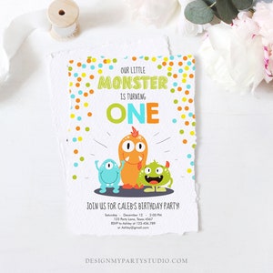 Editable Little Monster Birthday Invitation First Birthday Party Monsters Boy Confetti 1st Orange Blue One Printable Corjl Template 0058 image 3