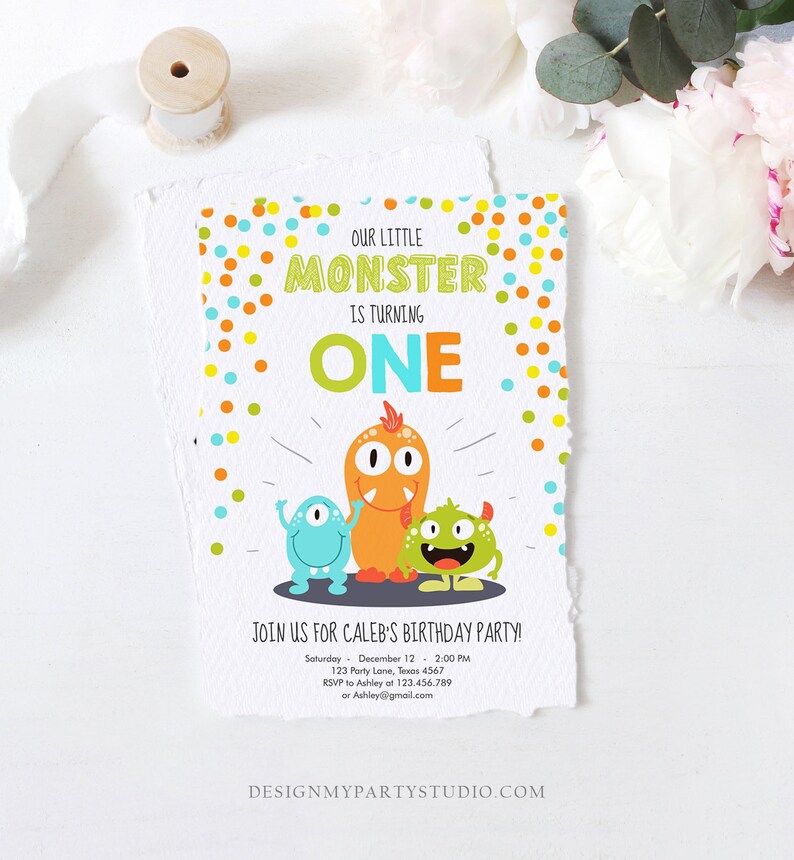 Editable Little Monster Birthday Invitation First Birthday Party Monsters Boy Confetti 1st Orange Blue One Printable Corjl Template 0058 image 3