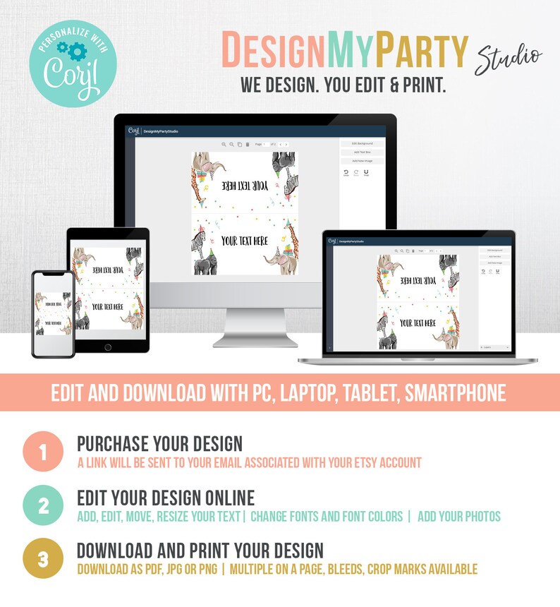 May include: A computer screen displaying a design template for a party favor with a jungle animal theme. The template features elephants, giraffes, and colorful confetti. The text "YOUR TEXT HERE" is displayed on the template. The text "EDIT AND DOWNLOAD WITH PC, LAPTOP, TABLET, SMARTPHONE" is displayed below the image. The text "DESIGNMYPARTY Studio" is displayed at the top of the image.