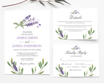 Editable Lavender Wedding Invitation Set Suite Greenery Foliage Boho Wedding Lilac Blush Lavender Purple Corjl Template Printable 0206