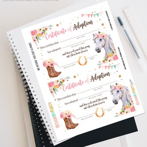 Adopt a Pony Adoption Certificate Horse Adoption Horse Birthday Party ...