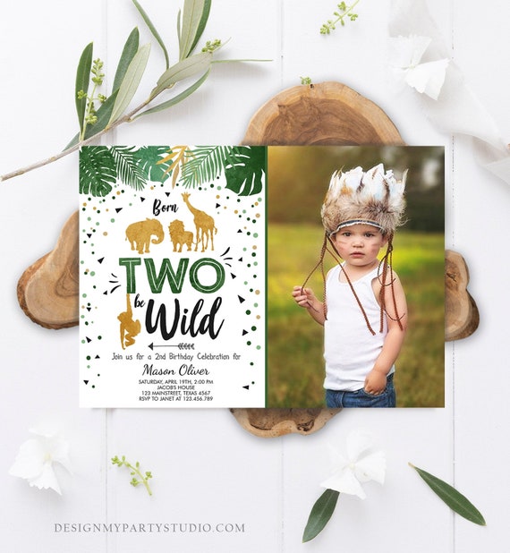 Editable Born Two Be Wild Birthday Invitation Safari Animals Jungle Zoo Boy Second Birthday 2nd Green Gold Printable Corjl Template 0016 Il_570xn